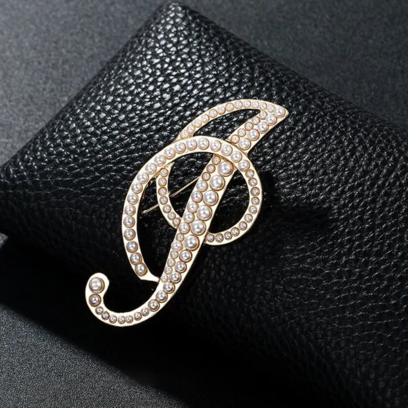 Wondrous Pearl Embedded Personalized A-Z Initial Letter Brooch Pins