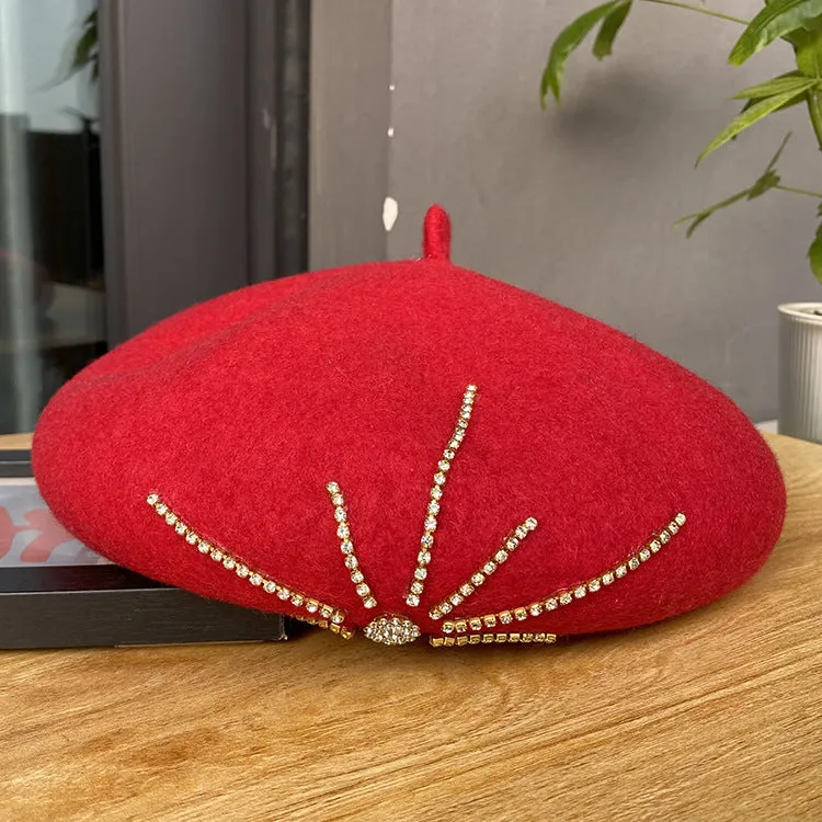 Woolen beret rhinestone three-dimensional painter hat winter ladies fashion all-match